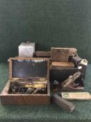 A pine tool box, table grinder together with a box of vintage hand tools,