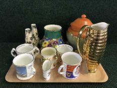 A tray of commemorative ware mug, Crown Devon jug, Crown Ducal vases,