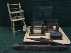 A early 20th century miniature wooden high chair, Eastern style dagger in sheath,