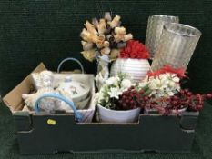 Three boxes of kitchen utensils, china, planters, spanish figure etc.