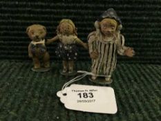 Three vintage Andy Pandy metal figures made by Sacul, circa 1950.