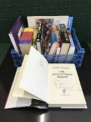 A box of hard backed books including two by Gerald Seymour signed by the author,