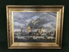 A gilt framed oil on board - sailing ships in a harbour signed M.