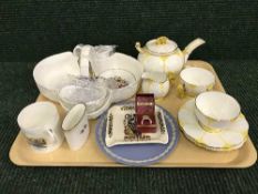 A tray of Wedgwood jasperware plate, Aynsley tea for two, Shelly Newcastle upon Tyne mug,