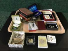 A tray of lady's wrist watch, costume jewellery, earrings 2008 UK proof coin set,