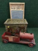 A mid twentieth century LMS tin plated train together with a brass embossed coal receiver and wash