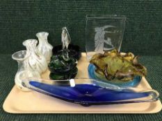 A tray of coloured glass ware - Adrian Sankey vases, glass bowls,