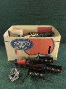 A box of Hornby trains, tin plate, carriages and rolling stock, track, accessories etc.