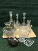 A tray of lead crystal decanters, rose bowls,