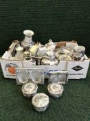 Four boxes of Japanese china, tins, coffee set, light shade, West German vases, crock pot etc.