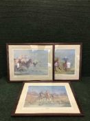 Three mahogany framed prints - polo, horse racing and hunting scenes,