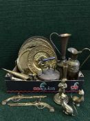 A basket of brass and copper, copper kettle, brass plates,