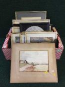 A box containing pair of gilt antiquarian prints - sailing scenes, unframed watercolour,