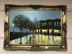 A gilt framed oil on canvas - Night time street scene, signed Hilton.