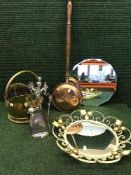 A brass coal bucket, bed warming pan,