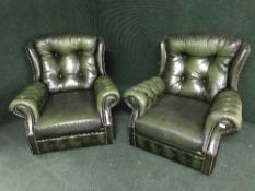 A green button leather Chesterfield three piece suite