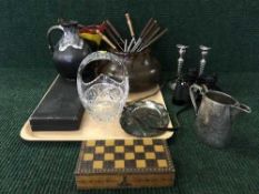 A tray of West German jug, binoculars, plated candlesticks, chess board,