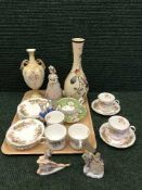 A tray of Queens bone china tea set, cup and saucers, figures,