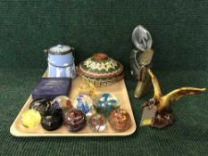 A tray of Wedgwood biscuit barrel, tagine, paperweights,