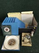 A box of assorted Coalport collector's plates and a collection of Wade whimsies
