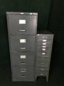 A metal four drawer filing cabinet with key and ten drawer index chest