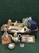 Four boxes of trophies, storage jars, glass ware,