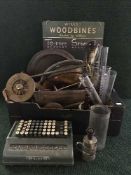 A box of pyrex measures, wooden hand cart, adding machine, plated tray, companion stand,