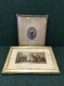 A basket of antiquarian and later prints - Two gilt framed chromolithographs -The frown and the