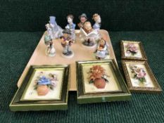 A tray of four Hummel figures, four Capo di Monte framed panels,