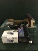 A box of digital cameras, binoculars, Technics discman, umbrellas,
