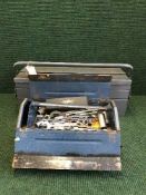 Two metal tool boxes containing hand tools