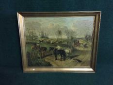 A gilt framed oleograph depicting a fox hunt by J.F.