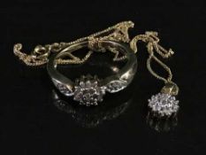 A 9ct diamond cluster ring together with a diamond pendant on chain.
