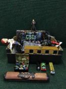 Box of Dungeon and dragons board game, Lord of the rings lead figures, marbles, chess boards,