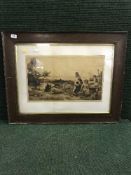 Robert Walker Macbeth (1848 - 1910) : Women with Sheep at a River's Edge, etching,