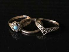 Two 9ct gold lady's rings together with a Victorian 15ct gold turqouise set ring.