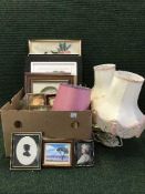 A box of framed pictures, prints, needleworks, engraving,