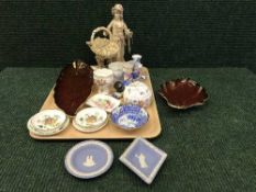 A tray of continental figure, Minton trinket dishes, Wedgwood jasper ware,