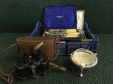 Cases of silver plated cutlery, pair of Bino Prism field glasses,