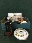 A box of Royal Worcester Evesham oven dish, serving dishes, coffee set, teak table lamp with shade,