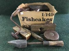 A box of vintage hand tools, wood planes, spirit levels, rules,