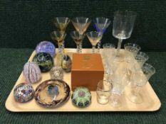 A tray of etched glasses, twist stem glasses,