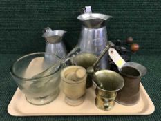 A tray of salt & pepper mills, assorted pestle & mortars,