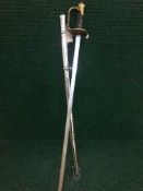 A military basket handled sword in scabbard