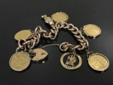 A 9ct gold charm bracelet, the hollow links some indistinctly stamped, with heart shaped locket,