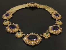 A very fine and ornate gold filigree, amethyst, pearl and peridot set necklace, length 42cm,