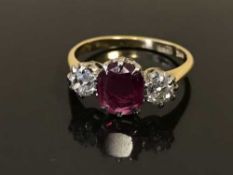An antique 18ct gold ruby and diamond set ring,