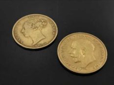 Two gold half Sovereigns dated 1911 and 1864, 7.9g.