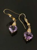 A pair of 9ct gold amethyst and seed pearl heart-drop earrings, 2.