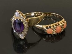 An antique 18ct gold amethyst and diamond ring, together with an 18ct gold diamond and coral ring,